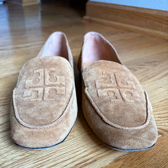 Tory Burch Camel Brown Suede Leather Ruby 15mm Loafer Flat Shoes - Picture 7 of 14